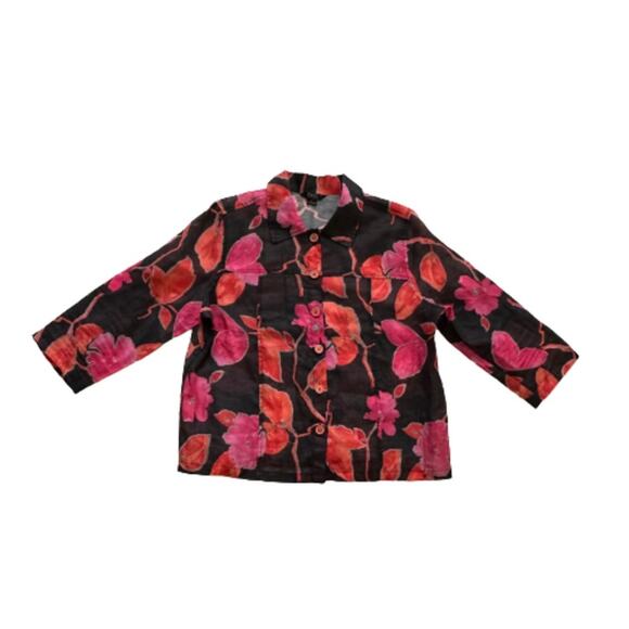 Toni Morgan Blouse Top Black Pink Orange Floral 3/4 Sleeve Button Front Large - Picture 7 of 11